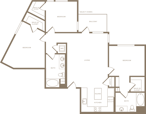 Floor plan for 3 beds, 2 baths, 1354 sqft